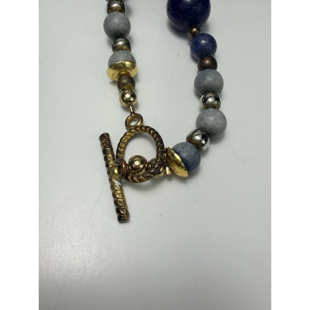 Unique Artisan Lapis Lazuli Beaded Necklace Enamel Panels Toggle Clasp - Picture 8 of 9